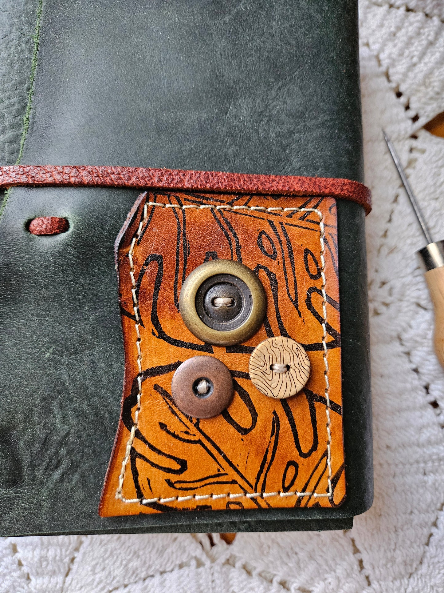 Forest Green Leather Journal with Brass Buttons & Leaf Design