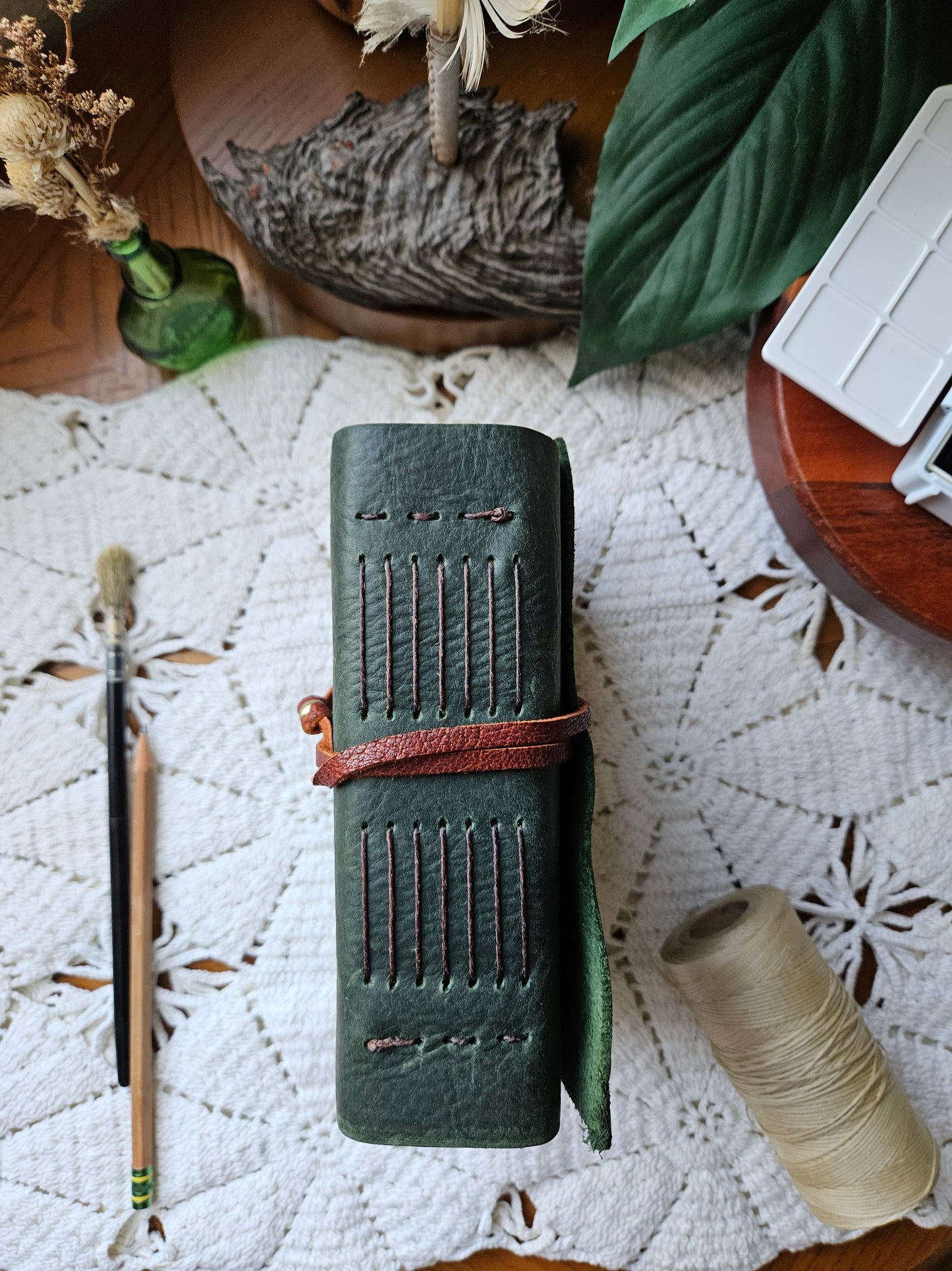 Forest Green Leather Journal with Brass Buttons & Leaf Design