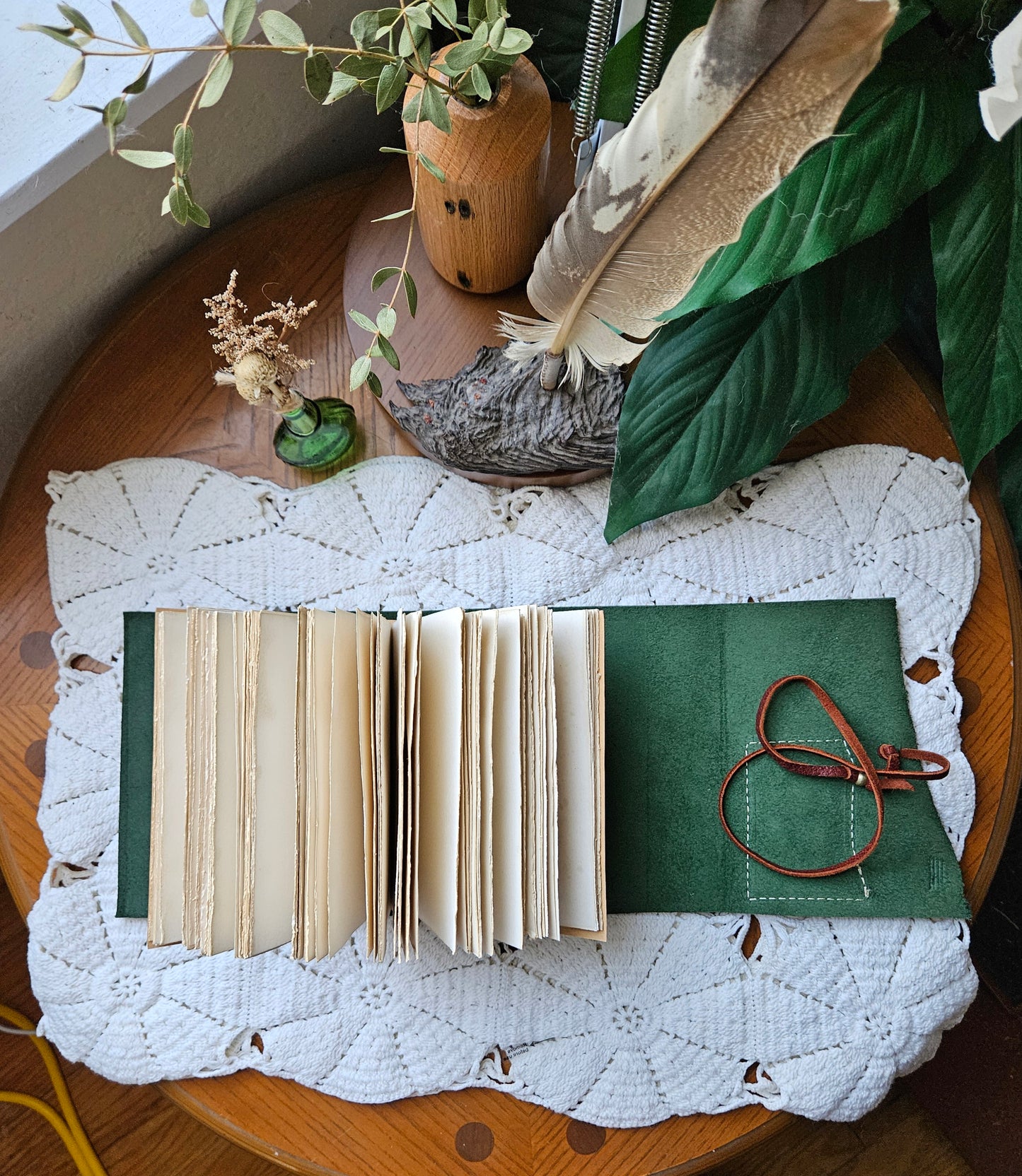 Forest Green Leather Journal with Brass Buttons & Leaf Design