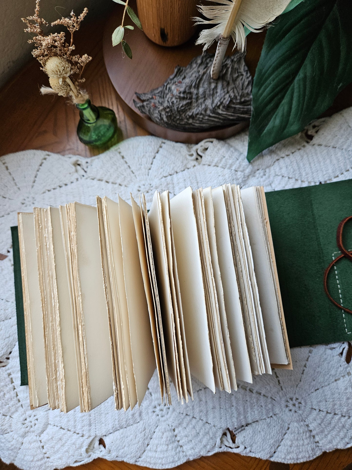 Forest Green Leather Journal with Brass Buttons & Leaf Design