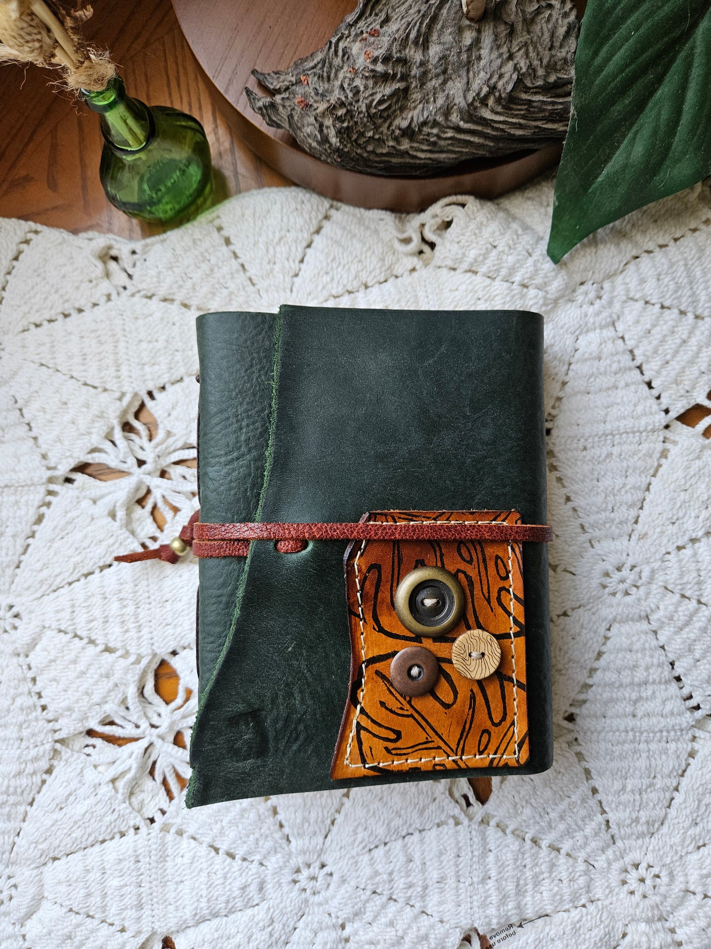 Forest Green Leather Journal with Brass Buttons & Leaf Design