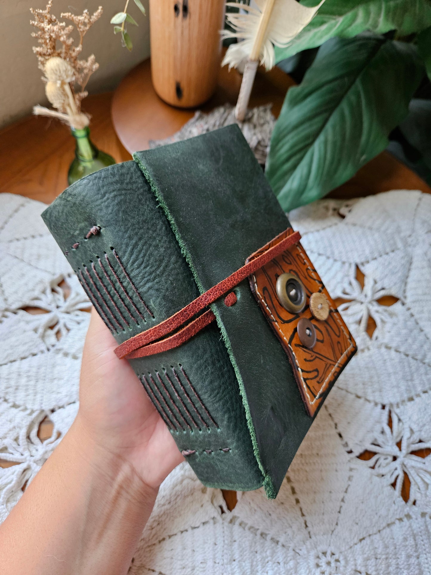 Forest Green Leather Journal with Brass Buttons & Leaf Design