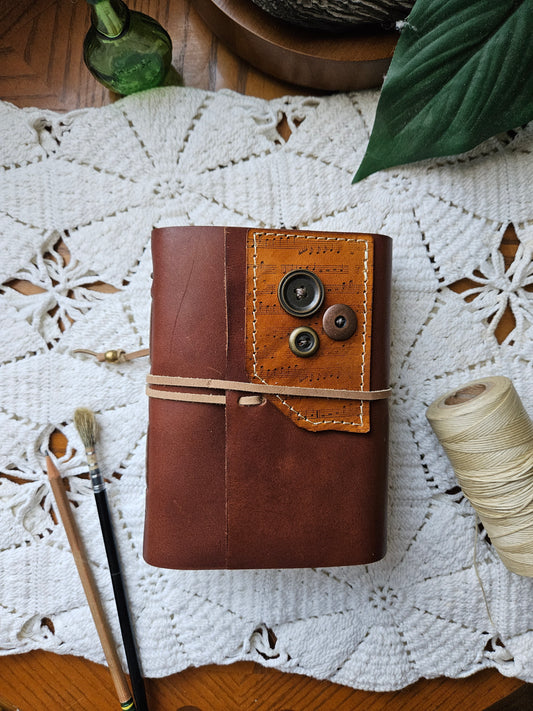 Soft Leather Journal with Brass Buttons & Music Notes Design