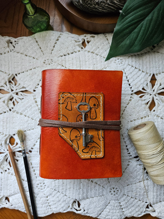 Red Leather Journal with Antique Key & Mushroom Design