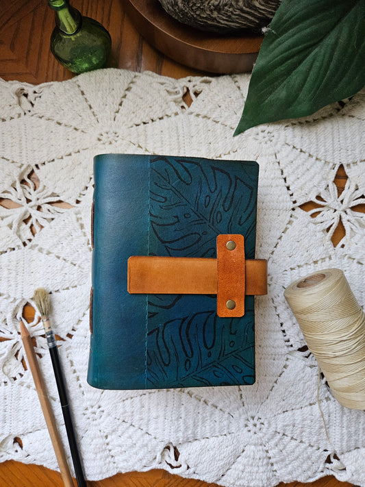 Teal Blue Leather Journal with Brown Strap & Leaf Design