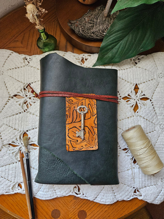 Large Forest Green Leather Journal with Unique Raw Edge & Antique Brass Key