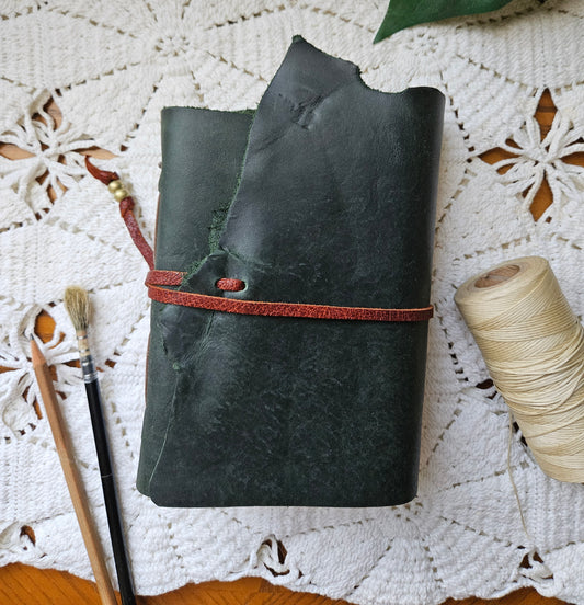 Forest Green Luxury Leather Journal with Unique Raw Edge