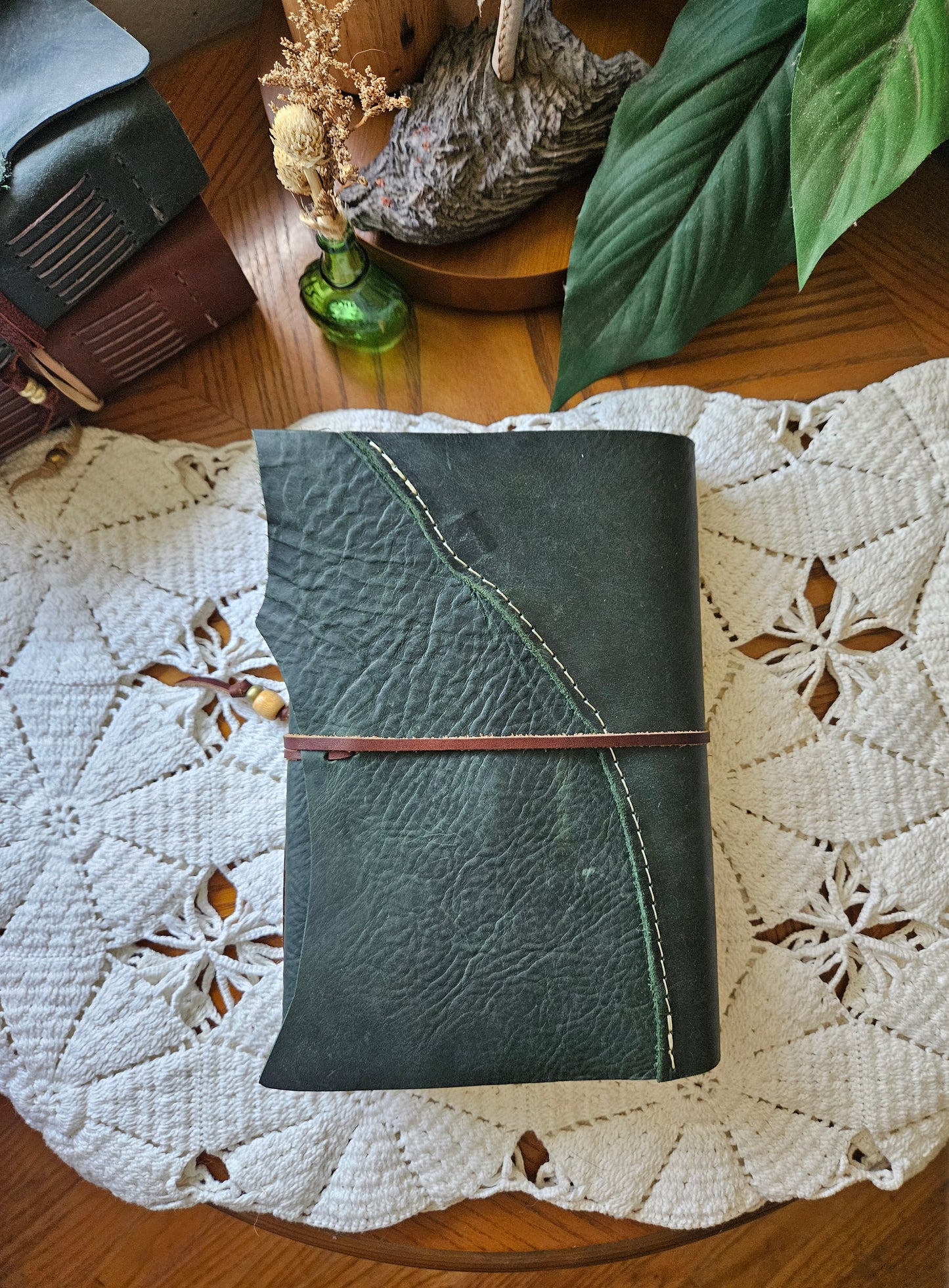 Forest Green Leather Journal with Raw Edge, Brass Key & Botanical Design