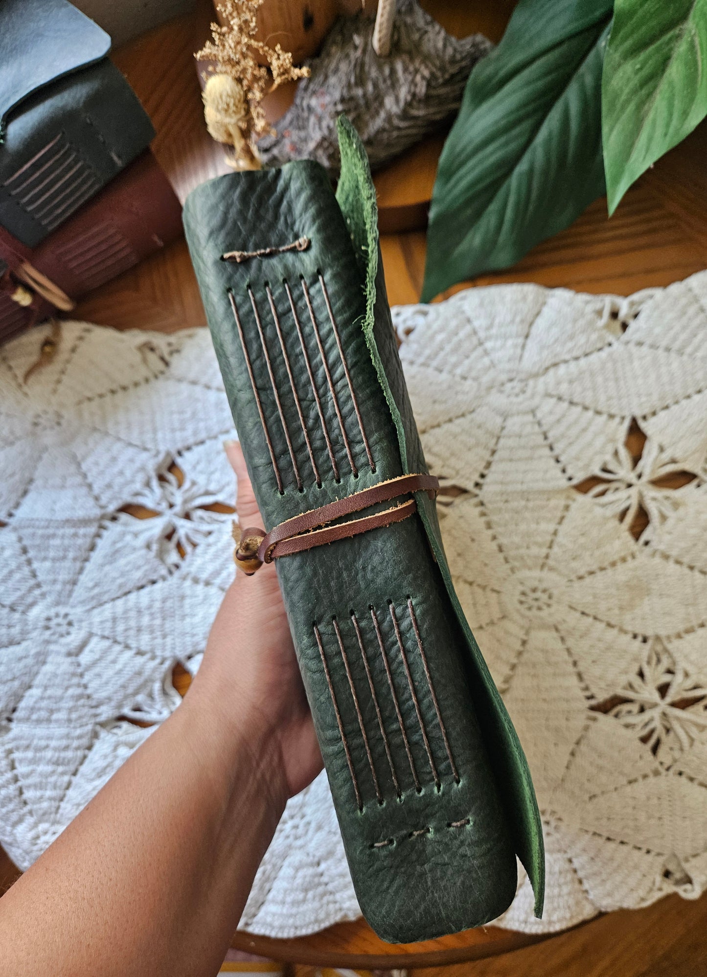 Forest Green Leather Journal with Raw Edge, Brass Key & Botanical Design