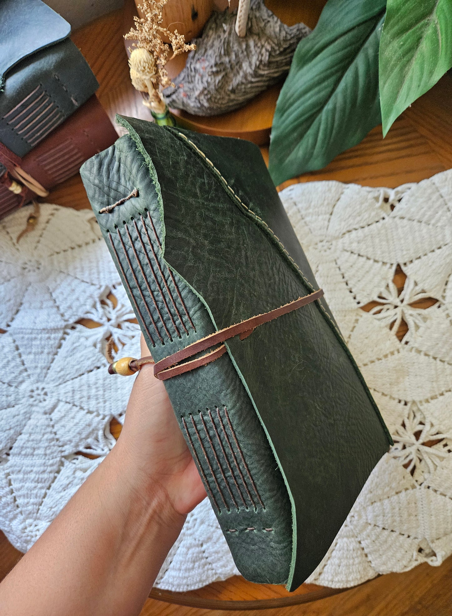 Forest Green Leather Journal with Raw Edge, Brass Key & Botanical Design