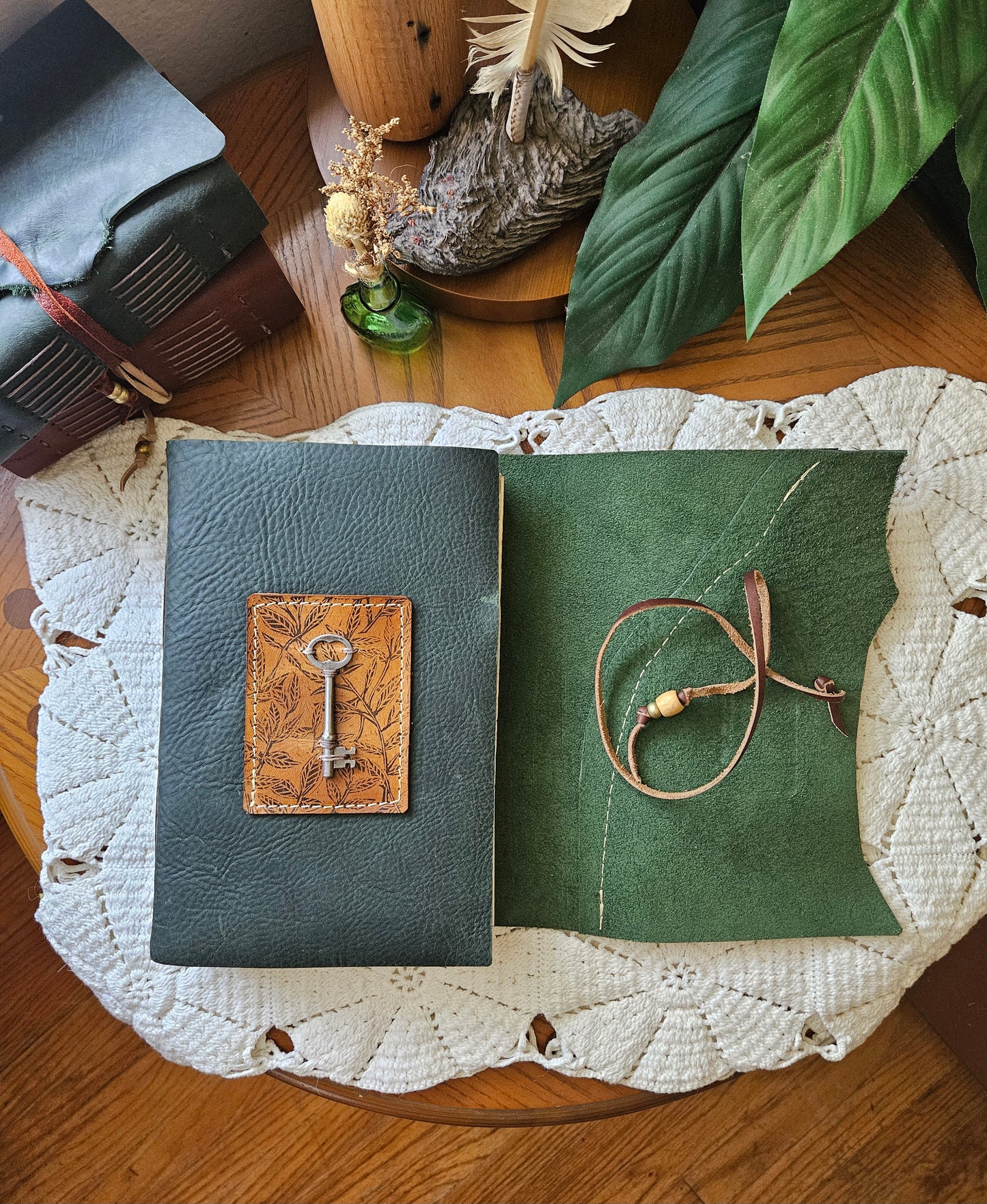 Forest Green Leather Journal with Raw Edge, Brass Key & Botanical Design