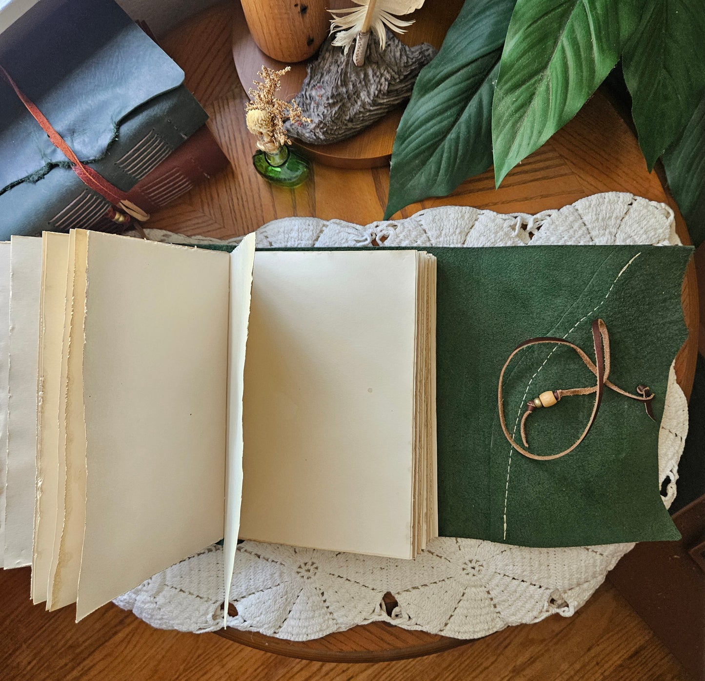 Forest Green Leather Journal with Raw Edge, Brass Key & Botanical Design