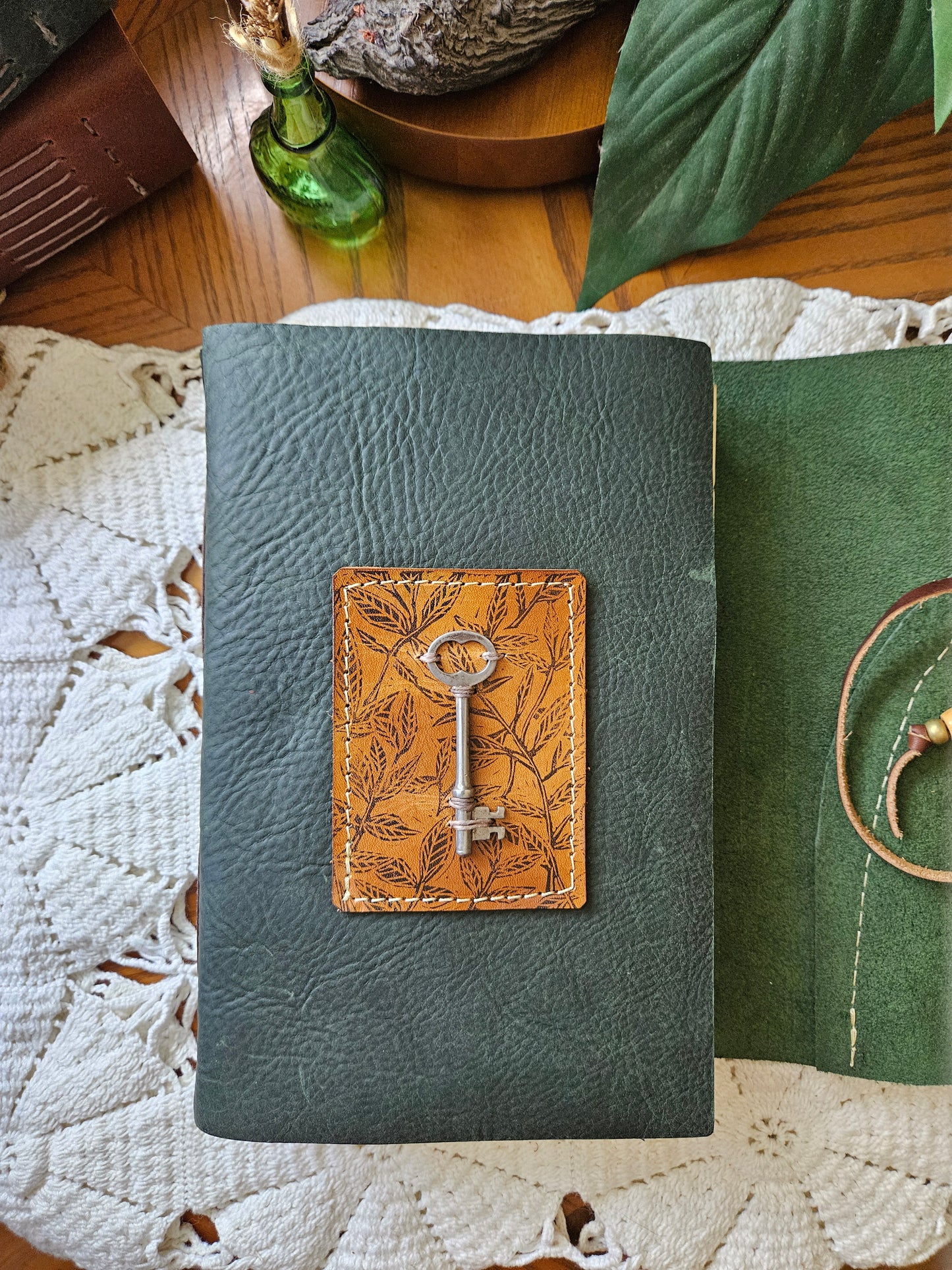 Forest Green Leather Journal with Raw Edge, Brass Key & Botanical Design